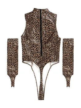 Dámske Leopard Tlač High Cut Kombinézu s Oversleeve Faux Kožené Sexy Clubwear Posmívati Krku bez Rukávov Zips Späť priesvitný Set spodnej Bielizne