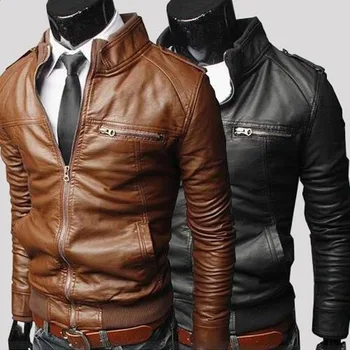 2018 kožená bunda bežné muži jeseň zima nové módne Zips Slim Faux Kožené Bundy na Motocykel pevné Mužov kabát jaqueta