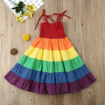 2020 Nové Letné Princezná Dievčatá Šaty Bez Rukávov Popruh Rainbow Boho Sprievod Party Šaty Sundress Oblečenie Pre Dievčatá
