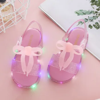 2020 Svetelný Sandále Luk Dievčatko Mini Melissa Jelly Topánky Na Suchý Zips, Sandles Deti Batoľa Princezná Blikajúce Led Svetlo Topánky