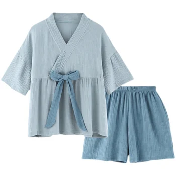 2021 Jar a v Lete v Japonskom štýle Kimono Bavlna Gázy Žien Nightgown Dva-kus domáceho Poskytovateĺa Yukata Krajky-up Pajama Nastaviť