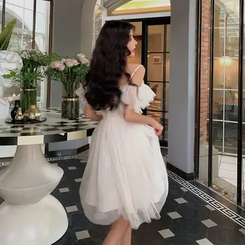 2021 Kórejský Sladká Biela Košieľka Šaty Bowknot Francúzske Retro Sladké Lolita Šaty Vintage Víla Oka Šaty Midi Šaty Vestidos