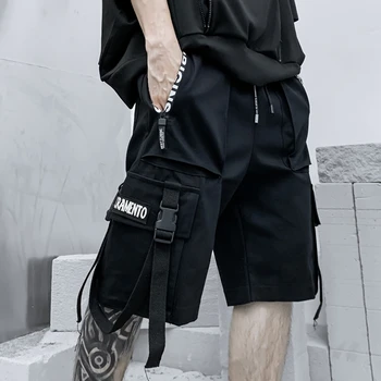 2021 Letné Šortky Cargo Nohavice pánske Harajuku Streetwear Módy Hip Hop, Punk Mužov Nohavice Stuhy Vojenské Športové Šortky Čierna
