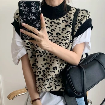 2021 Nové Jarné Zimné Ženy Svetre Pulóver Leopard bez Rukávov kórejský Štýl Pletené Vintage Wild Vesty #1240 Oblečenie pre Ženy