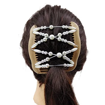 2021 Trend Drevené Dvojité Riadok Elastické Vlasy Magic Hrebene pre Ženy, Imitácie Perál Korálkové Vlasy Kolíky Klipy Reťazec Spojka Účes