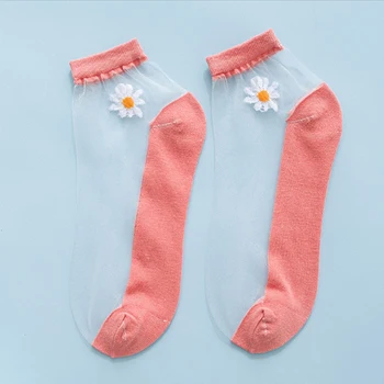 2021New Letné módy Ženy Členkové Ponožky Transparentné Daisy Výšivky, Čipky Hodváb Krátke Ponožky ženy pack roztomilý sady носки женские