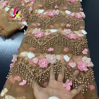 3D Kvet Čipky Textílie s korálkami Výšivky Hnedá Farba Elegantný francúzsky Nigérijský Najnovšie Dizajn, Štýl, Vysokú Kvalitu Nový Štýl