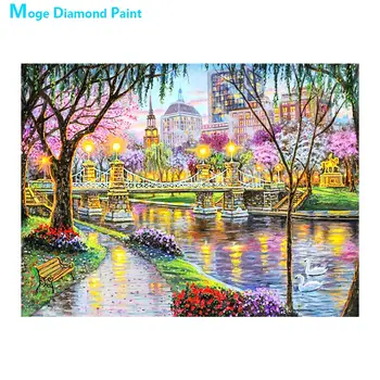 City Park Kanál Scenérie Diamond Maľovanie Kolo Plné Vŕtanie Nouveaute DIY Mozaiky Výšivky 5D Cross Stitch Kvetinový Scénické Vzor