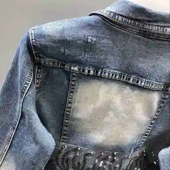 Flitrami Strapce Kvetinový Embroid Denim Jacket Ženy Lištovanie Lesklé Jeans Bunda Slim Modré Kabáty Jaqueta Casaco Feminino