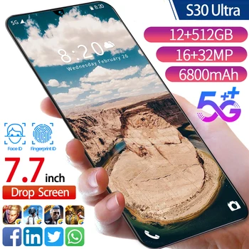 Galxy S30 Ultra Mobilné Telefóny 7.7 Palcový HD 4G 5G Siete Deca Core Tvár ID Odomknúť Andorid 10.0 Globálna Verzia 12 512 gb diskom Smartphone