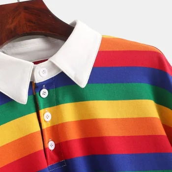 HOUZHOU Polo Tričko Ženy Rainbow Kawaii Roztomilý Elegantné Blúzky Streetwear Dlhý Rukáv Plodín Top Tlačidlo Hore kórejský módne Pulóver