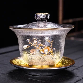 Japonský Štýl Konzervované Sklenený Kryt Teacup Zlato Tepelne-Odolné Zahusťovanie Tri-Kus Čajové Misky Veľké Čaj, Takže Kung Fu Gaiwan