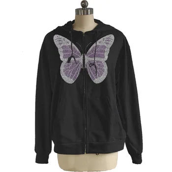 Kawaii Letné Oblečenie Pre Ženy 2021 Módne y2k Butterfly Grafika Drahokamu Zips Hoodies Streetwear Diamond Sivá Dlhá Bunda
