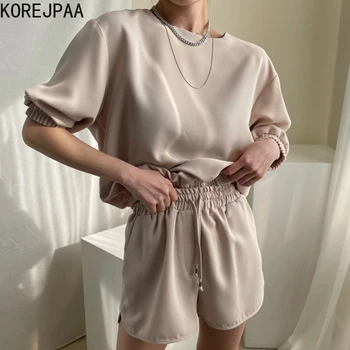 Korejpaa Ženy Sady 2021 Lete Kórejský Elegantné Ženy Jednoduché Kolo Krku Voľné Päť-Bod Rukáv Tričko Vysoký Pás Šortky Slacks