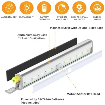 LED Senzor Pohybu, Nočné Svetlo 6/10 LED diódy Batérie Nočné Lampy, Skrine, Schody, Skrine, Skriňa Lampa Schodisko Podsvietenie