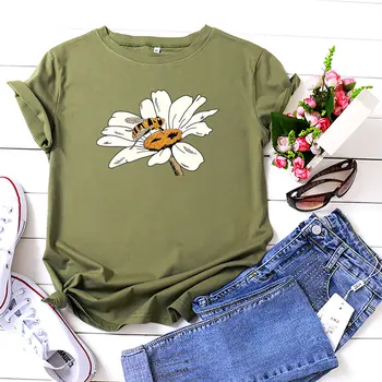 Letné Bavlnené Tričko Ženy Bee a Daisy Grafické Tričká Krátky Rukáv Harajuku 5XL Plus Veľkosť Trička Streetwear