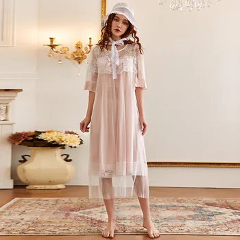 Letné pyžamo nightdress žena bowknot čipky, výšivky princess palace štýl voľné plus veľkosť nightgown y1051