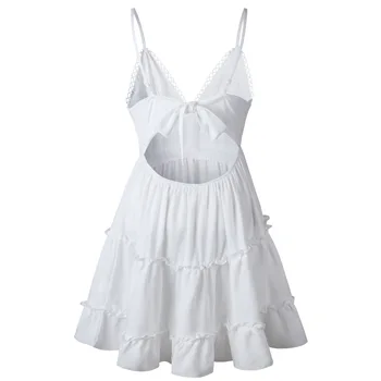 Letné Ženy Biele Čipky Okolo Sexy Šaty Backless Plážové Šaty 2020 Módne Bez Rukávov Špagety Popruh Bežné Mini Sundress