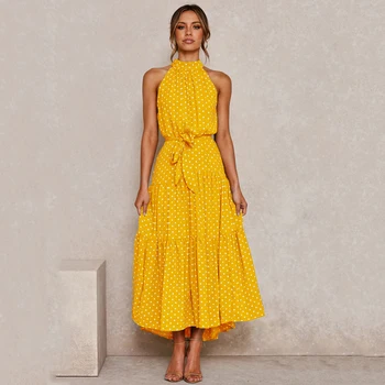 Letné Ženy, Dlhé Šaty Polka Dot Bežné Šaty Čierne Sexy Plavky S Uväzovaním Za Ramienok Žltá Sundress Dovolenku Oblečenie Pre Ženy 2021