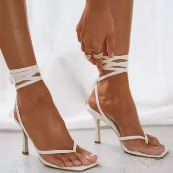 Letné Ženy Sandále Sexy Tenké Vysoké Podpätky, Topánky Tvaru Dizajn A Módne Štvorcové Prst Dámy Členok Popruh Flip Flops Sandále Žena