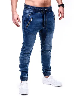 Muž Bavlna Jeans Modrá Ročník Umývanie Jeans Mens Elastické Šnúrkou Pás Bežné Džínsové Nohavice Vrecká Zippe Dekorácie Jogging Jean