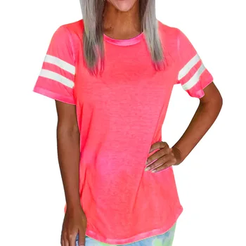 Neónové Farby O-Neck T Shirt Ženy O-krku Všestranný Ležérny Top Oblečenie Dámske Patchwork Žiarivkové svetlo Zelená Tees Ružová Voľné Šport