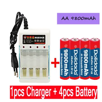 Nová Značka AA batérie 9800 mah nabíjateľná batéria AA 1,5 V. Nabíjateľná Nové Alcalinas drummey +1pcs 4-článková batéria, nabíjačka