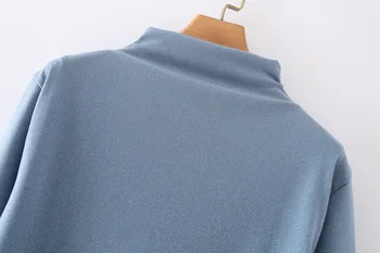 Nové 2021 Dámy Jar Jeseň Plus Veľkosť Základné Topy Pre Ženy Veľké Polovičný Rukáv Flitrami Modrá Turtleneck T-shirt 3XL 4XL 5XL 6XL