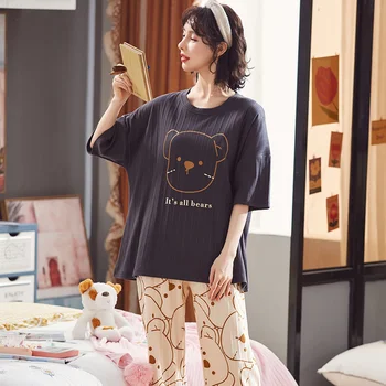 Plus Veľkosť M-5XL Ženy Pyžamo Set Bavlnené Pyžamá Letné Krátke Sleeve Domov Oblečenie Sleepwear Krytý Oblečenie