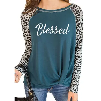 Požehnaný Listov Tlač Ženy tričko Bavlna Bežné Vtipné tričko Pre Pani Jeseň Leopard Dlhý Rukáv Dievča Top Tee Lumbálna