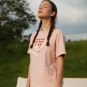 Prehoz v tvare Srdca Patch Králik Výšivky Nový Dizajn Ženy Letné T-shirts Sladké Ružové Dámske Voľné Tee Tričko Topy