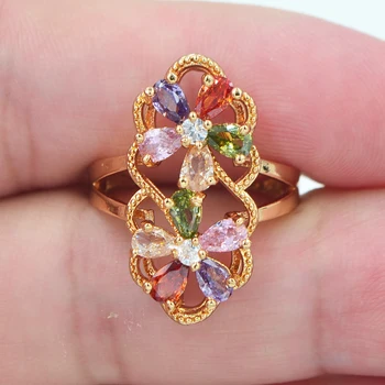 Romantický Zlatá Farba AAA+ Cubic Zirconia Ženy Multicolor CZ Twin Kvety Zásnubný Prsteň, Šperky