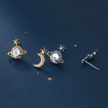 Skutočné 925 Sterling Silver Asymetrie Zirkón Moon Star Stud Náušnice Pre Módu Ženy Strany Roztomilé Zručnosť Jewelr Príslušenstvo