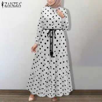 Vintage Kaftan Vestido 2021 Jar Jeseň Moslimských Polka Dot Maxi Šaty ZANZEA Elegantné Waiist Pás Prehrabať Dubaj Abaya Turecko Hidžáb