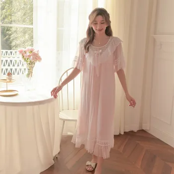 Vintage Romantické Letné Princezná Nightgowns Pre Ženy Krásne Biele Čipky Krátky Rukáv Sleepwear Dovolenku V Lete Nočné Šaty