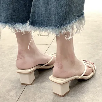 Vysoké Podpätky Sandále Ženy Letné Topánky Ženy Móda Hrubé s otvorenou Špičkou Sandále Sexy Riband Slip-On Listov Bežné Strany Topánky