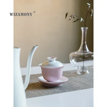 WIZAMONY malá broskyňa tri len na pokrytie misy Kung Fu čaj nastaviť Japonské čajové misky ružová keramické čajové misky