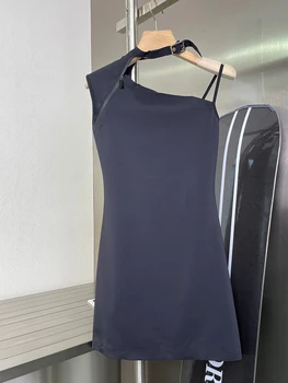 Čierne Sexi Asymetrické Šaty Uhlopriečka Ramenný Popruh Zips, Šitie Golier Slim Backless 2021 Lete Žien Streetwear