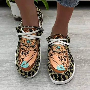 Ženy Leopard Mokasíny Plytké Ploché Topánky Zmiešané Farby Čipky Kolo Prst Dámske Outdoorové Športové Oblečenie Móda Plus Veľkosť 2021 Mew