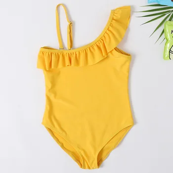2020 novú Rodinu, Plavky, oblečenie Pevné Žltá Jeden-Ramenný Rozstrapatené Plavky Pre Mamu Dcéra 2020 Letné Beach Plávanie oblek