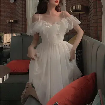 2021 Kórejský Sladká Biela Košieľka Šaty Bowknot Francúzske Retro Sladké Lolita Šaty Vintage Víla Oka Šaty Midi Šaty Vestidos
