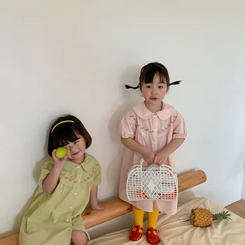 2021 Letné Šaty pre Deti, Dievčatá, Nový kórejský Dievča, Vyšívané Kvetinové Šaty Detí-Krátke rukávy Gramofónu Šaty Výšivky