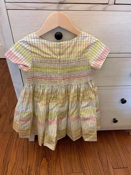 2021 Predpredaj 15. Mája Baby šaty smocking žltá kockovaný vzor, krátky rukáv, farebné letné dievčenské šaty