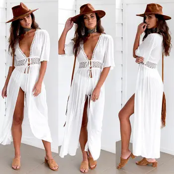 3XL Plus Veľkosť Plážové Šaty Žien Dlho Maxi zakryť Tunika Pareo White V Krku Šaty, Šaty, Plavky, plavky plážové oblečenie