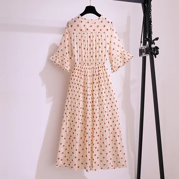 4XL Plus Veľkosť Ženy Elegantné Polka Dot-Pleated Šaty Letné 2021 tvaru Krátky Rukáv Vysoký Pás Dámske Kvetinové Šifón Šaty