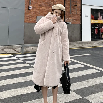 Cotday Dlhé Hrubé Teplé Kožušiny Solid Plus Veľkosť Klope Vrchné Oblečenie 2020 Anglicko StyleThick Králik Kožuchy Zime Teplé Ženy Kožušinový Kabát