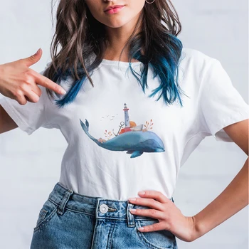 Estetické Lady T-shirt Veľryby a Maják Harajuku Oblečenie Letné Bežné tričko Ženy okolo Krku Módne Femme Vetement