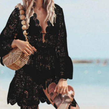 Irisapparels Nové Sexy Plavky zakryť Čipky s Dlhým Rukávom V-Neck Beach s Závoj Farbou Duté Von každý Nosiť Dámske Tuniky