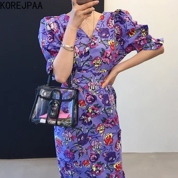 Korejpaa Ženy Šaty 2021 Lete Kórea Elegantný Retro Elegantného tvaru Štíhly Pás Dlhé Split Bublina Rukáv Kvetinový Vestido Žena