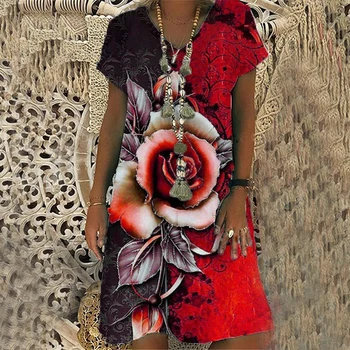 Letné Módy Rose Tlač Krátkym rukávom, V-výstrihom Šaty Voľné Bežné Midi Šaty Plus Veľkosť Dovolenku Plážové Šaty